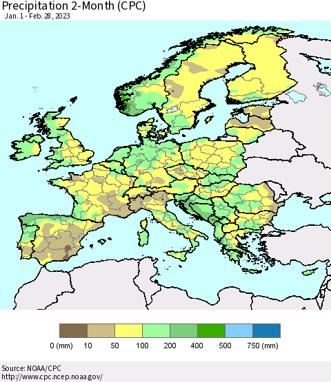 Europe Precipitation 2-Month (CPC) Thematic Map For 1/1/2023 - 2/28/2023