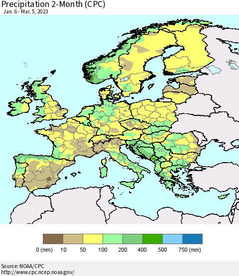 Europe Precipitation 2-Month (CPC) Thematic Map For 1/6/2023 - 3/5/2023