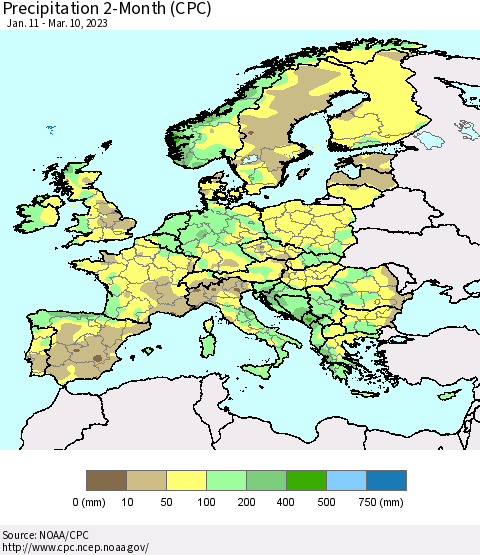 Europe Precipitation 2-Month (CPC) Thematic Map For 1/11/2023 - 3/10/2023