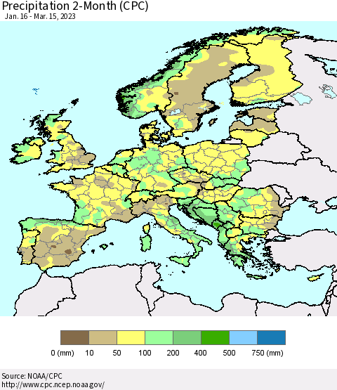 Europe Precipitation 2-Month (CPC) Thematic Map For 1/16/2023 - 3/15/2023