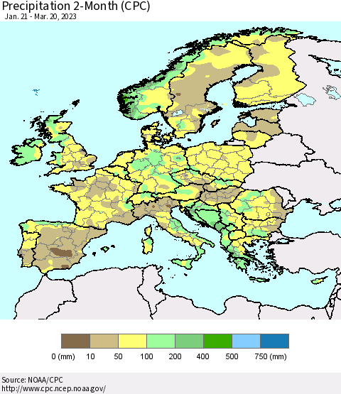 Europe Precipitation 2-Month (CPC) Thematic Map For 1/21/2023 - 3/20/2023