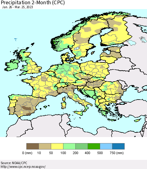 Europe Precipitation 2-Month (CPC) Thematic Map For 1/26/2023 - 3/25/2023