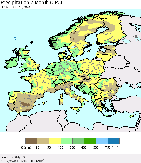 Europe Precipitation 2-Month (CPC) Thematic Map For 2/1/2023 - 3/31/2023
