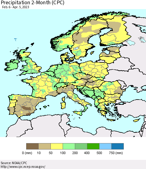 Europe Precipitation 2-Month (CPC) Thematic Map For 2/6/2023 - 4/5/2023