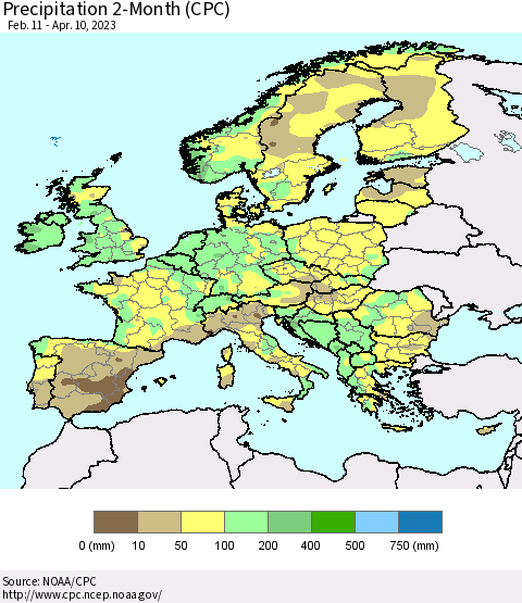 Europe Precipitation 2-Month (CPC) Thematic Map For 2/11/2023 - 4/10/2023