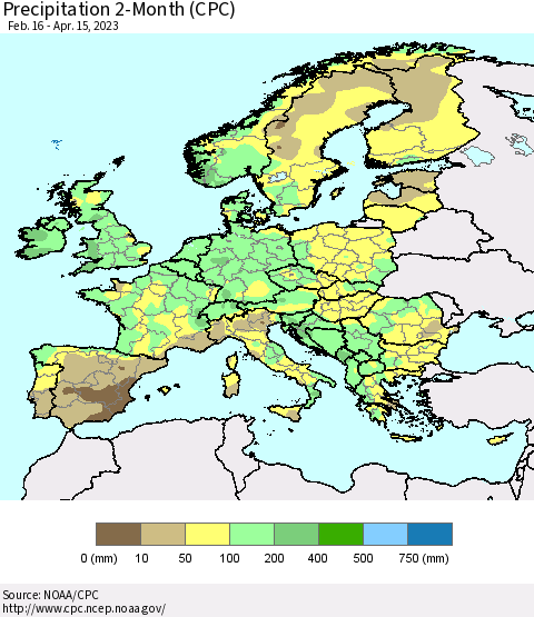 Europe Precipitation 2-Month (CPC) Thematic Map For 2/16/2023 - 4/15/2023