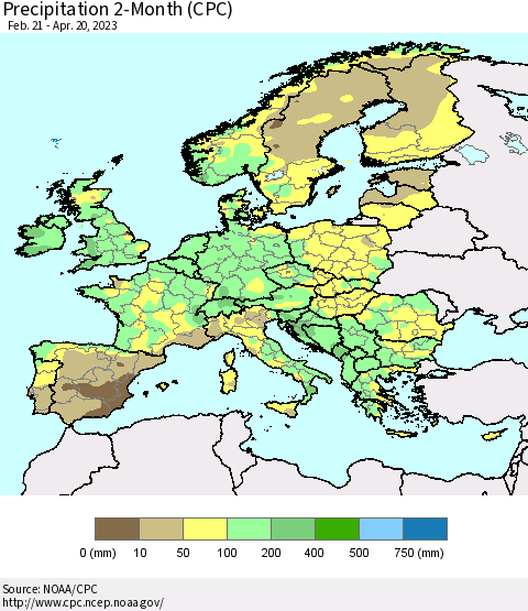 Europe Precipitation 2-Month (CPC) Thematic Map For 2/21/2023 - 4/20/2023