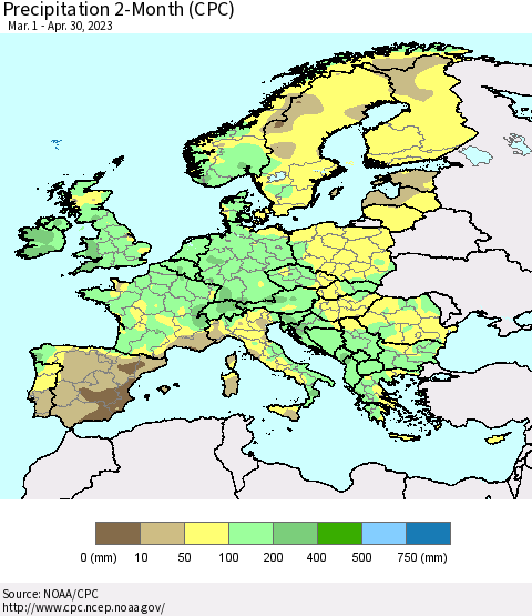 Europe Precipitation 2-Month (CPC) Thematic Map For 3/1/2023 - 4/30/2023