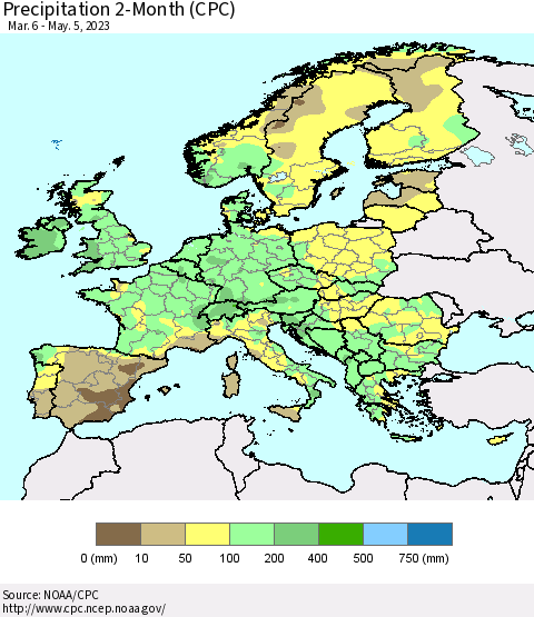 Europe Precipitation 2-Month (CPC) Thematic Map For 3/6/2023 - 5/5/2023