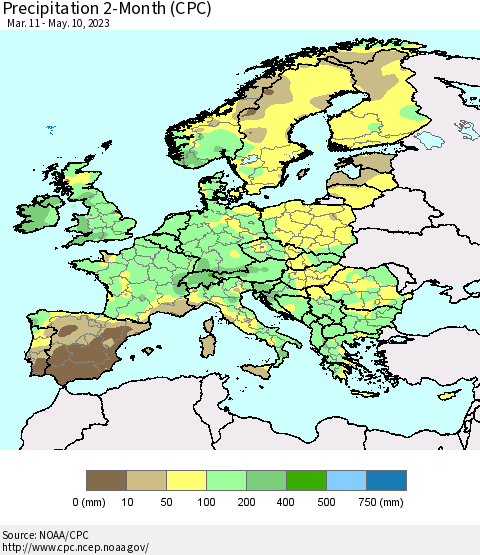 Europe Precipitation 2-Month (CPC) Thematic Map For 3/11/2023 - 5/10/2023