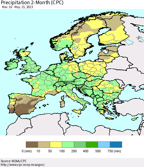 Europe Precipitation 2-Month (CPC) Thematic Map For 3/16/2023 - 5/15/2023