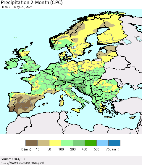 Europe Precipitation 2-Month (CPC) Thematic Map For 3/21/2023 - 5/20/2023