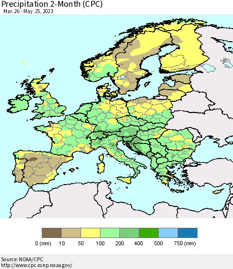 Europe Precipitation 2-Month (CPC) Thematic Map For 3/26/2023 - 5/25/2023
