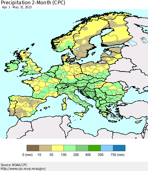 Europe Precipitation 2-Month (CPC) Thematic Map For 4/1/2023 - 5/31/2023