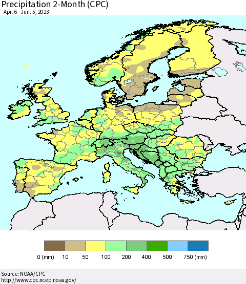Europe Precipitation 2-Month (CPC) Thematic Map For 4/6/2023 - 6/5/2023