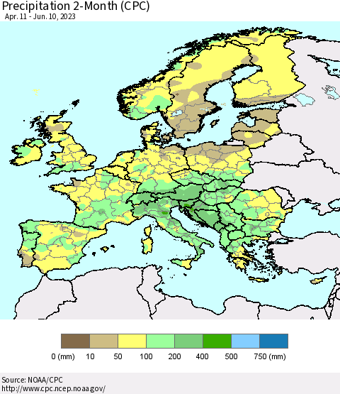Europe Precipitation 2-Month (CPC) Thematic Map For 4/11/2023 - 6/10/2023