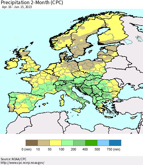 Europe Precipitation 2-Month (CPC) Thematic Map For 4/16/2023 - 6/15/2023