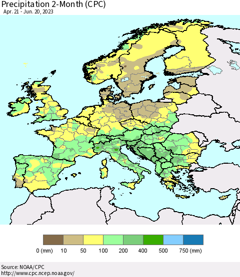 Europe Precipitation 2-Month (CPC) Thematic Map For 4/21/2023 - 6/20/2023