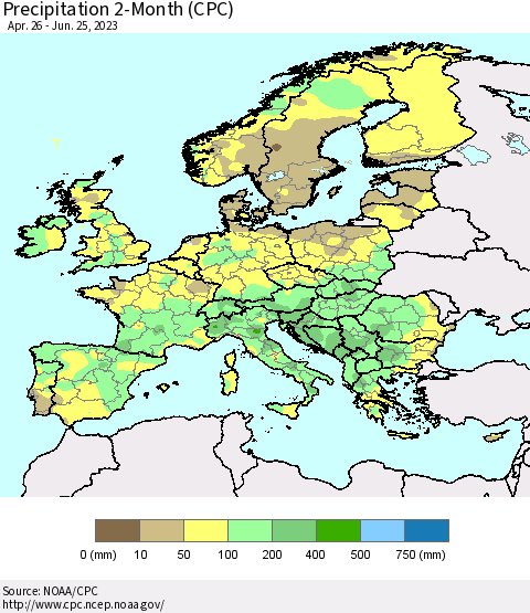 Europe Precipitation 2-Month (CPC) Thematic Map For 4/26/2023 - 6/25/2023
