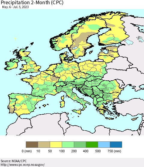 Europe Precipitation 2-Month (CPC) Thematic Map For 5/6/2023 - 7/5/2023