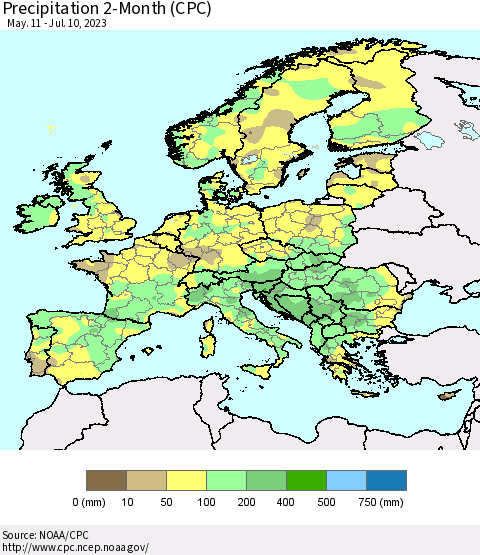 Europe Precipitation 2-Month (CPC) Thematic Map For 5/11/2023 - 7/10/2023