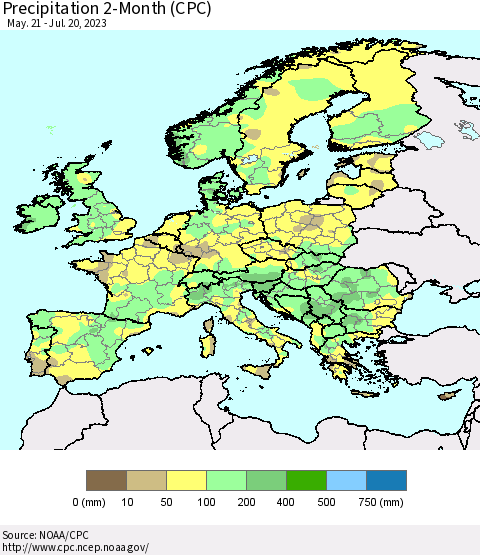 Europe Precipitation 2-Month (CPC) Thematic Map For 5/21/2023 - 7/20/2023