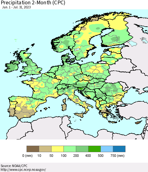 Europe Precipitation 2-Month (CPC) Thematic Map For 6/1/2023 - 7/31/2023