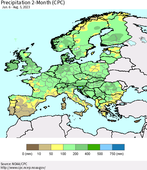 Europe Precipitation 2-Month (CPC) Thematic Map For 6/6/2023 - 8/5/2023