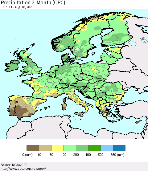 Europe Precipitation 2-Month (CPC) Thematic Map For 6/11/2023 - 8/10/2023