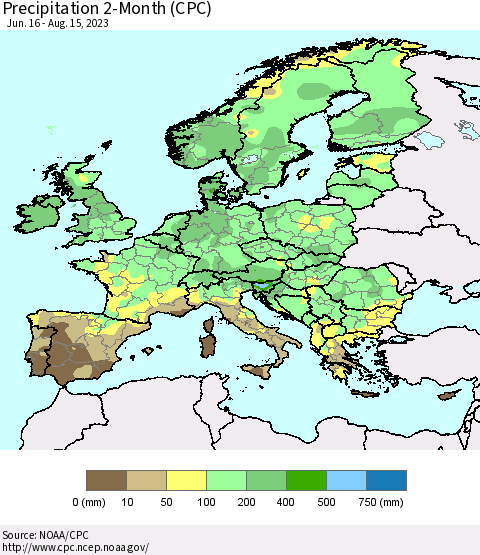 Europe Precipitation 2-Month (CPC) Thematic Map For 6/16/2023 - 8/15/2023