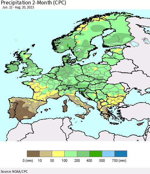 Europe Precipitation 2-Month (CPC) Thematic Map For 6/21/2023 - 8/20/2023
