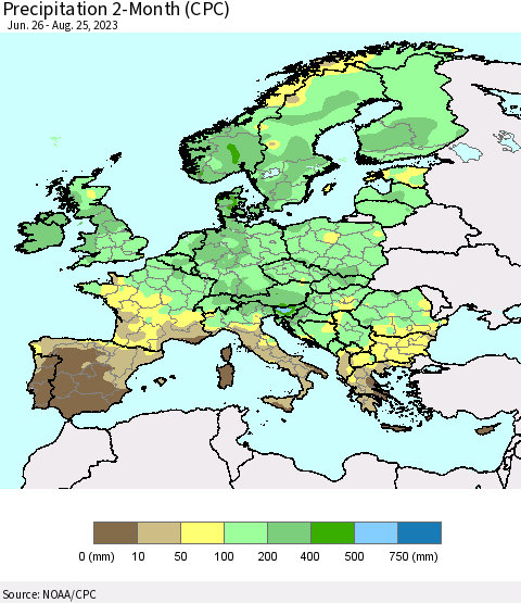 Europe Precipitation 2-Month (CPC) Thematic Map For 6/26/2023 - 8/25/2023