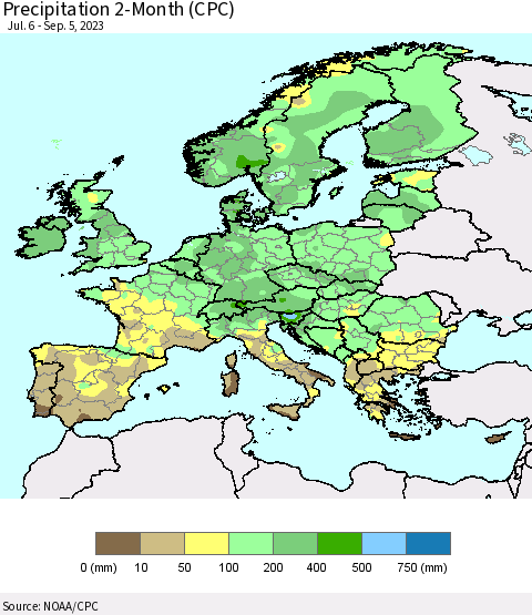 Europe Precipitation 2-Month (CPC) Thematic Map For 7/6/2023 - 9/5/2023