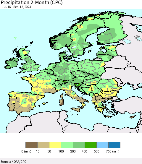 Europe Precipitation 2-Month (CPC) Thematic Map For 7/16/2023 - 9/15/2023