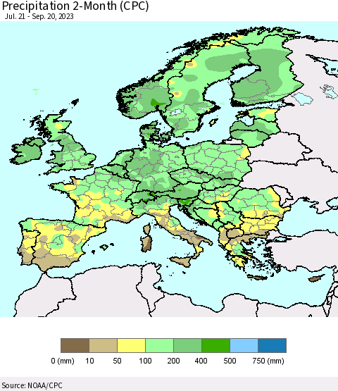 Europe Precipitation 2-Month (CPC) Thematic Map For 7/21/2023 - 9/20/2023