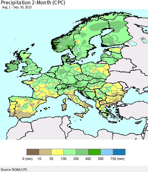 Europe Precipitation 2-Month (CPC) Thematic Map For 8/1/2023 - 9/30/2023