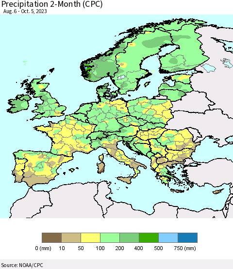 Europe Precipitation 2-Month (CPC) Thematic Map For 8/6/2023 - 10/5/2023
