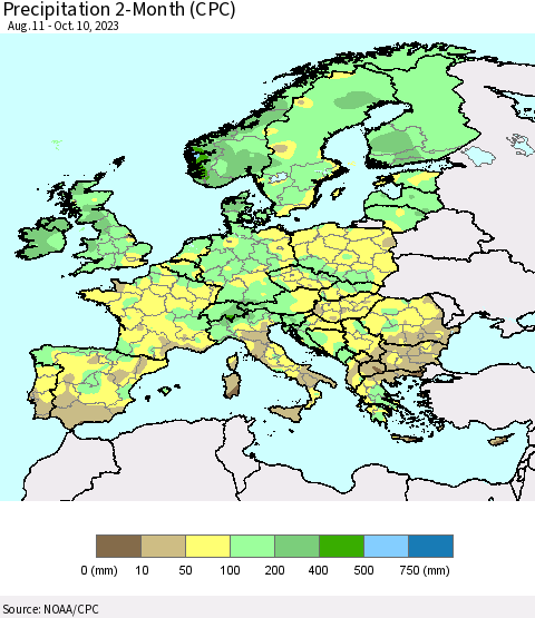Europe Precipitation 2-Month (CPC) Thematic Map For 8/11/2023 - 10/10/2023