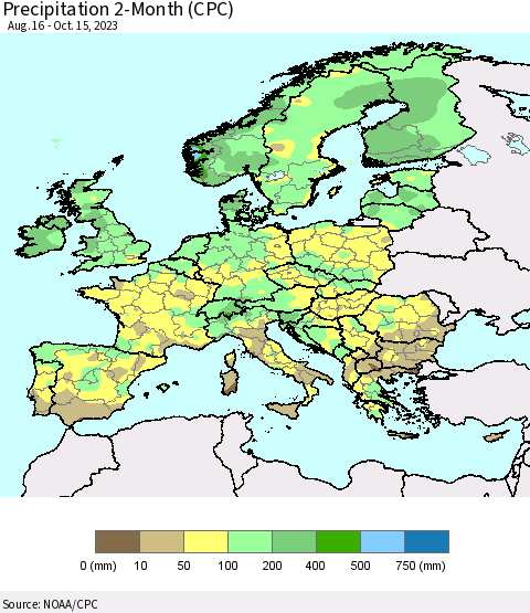 Europe Precipitation 2-Month (CPC) Thematic Map For 8/16/2023 - 10/15/2023