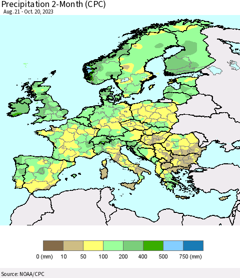Europe Precipitation 2-Month (CPC) Thematic Map For 8/21/2023 - 10/20/2023
