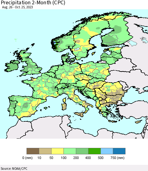 Europe Precipitation 2-Month (CPC) Thematic Map For 8/26/2023 - 10/25/2023