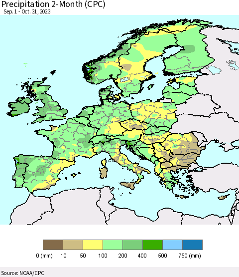 Europe Precipitation 2-Month (CPC) Thematic Map For 9/1/2023 - 10/31/2023