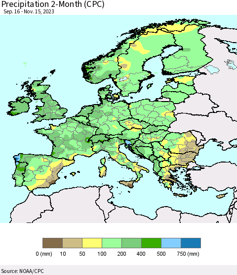 Europe Precipitation 2-Month (CPC) Thematic Map For 9/16/2023 - 11/15/2023