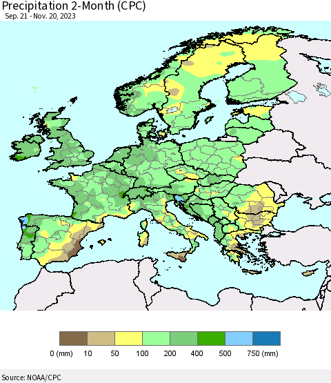 Europe Precipitation 2-Month (CPC) Thematic Map For 9/21/2023 - 11/20/2023