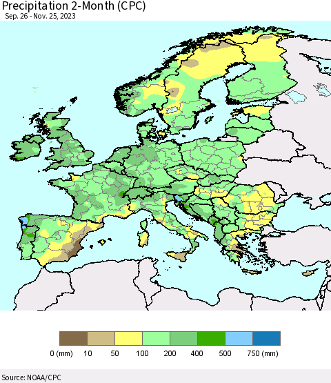 Europe Precipitation 2-Month (CPC) Thematic Map For 9/26/2023 - 11/25/2023