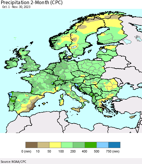 Europe Precipitation 2-Month (CPC) Thematic Map For 10/1/2023 - 11/30/2023