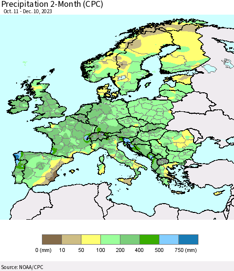 Europe Precipitation 2-Month (CPC) Thematic Map For 10/11/2023 - 12/10/2023
