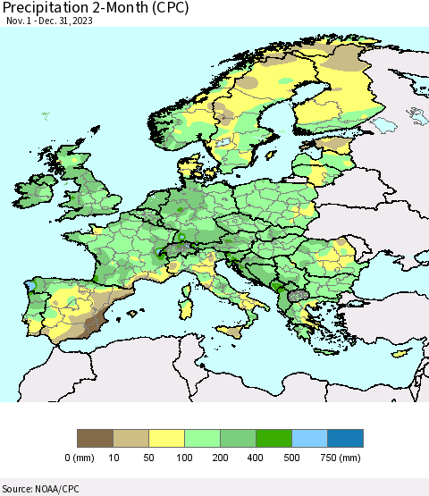 Europe Precipitation 2-Month (CPC) Thematic Map For 11/1/2023 - 12/31/2023