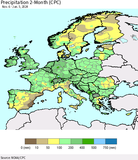 Europe Precipitation 2-Month (CPC) Thematic Map For 11/6/2023 - 1/5/2024