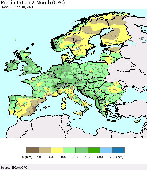 Europe Precipitation 2-Month (CPC) Thematic Map For 11/11/2023 - 1/10/2024